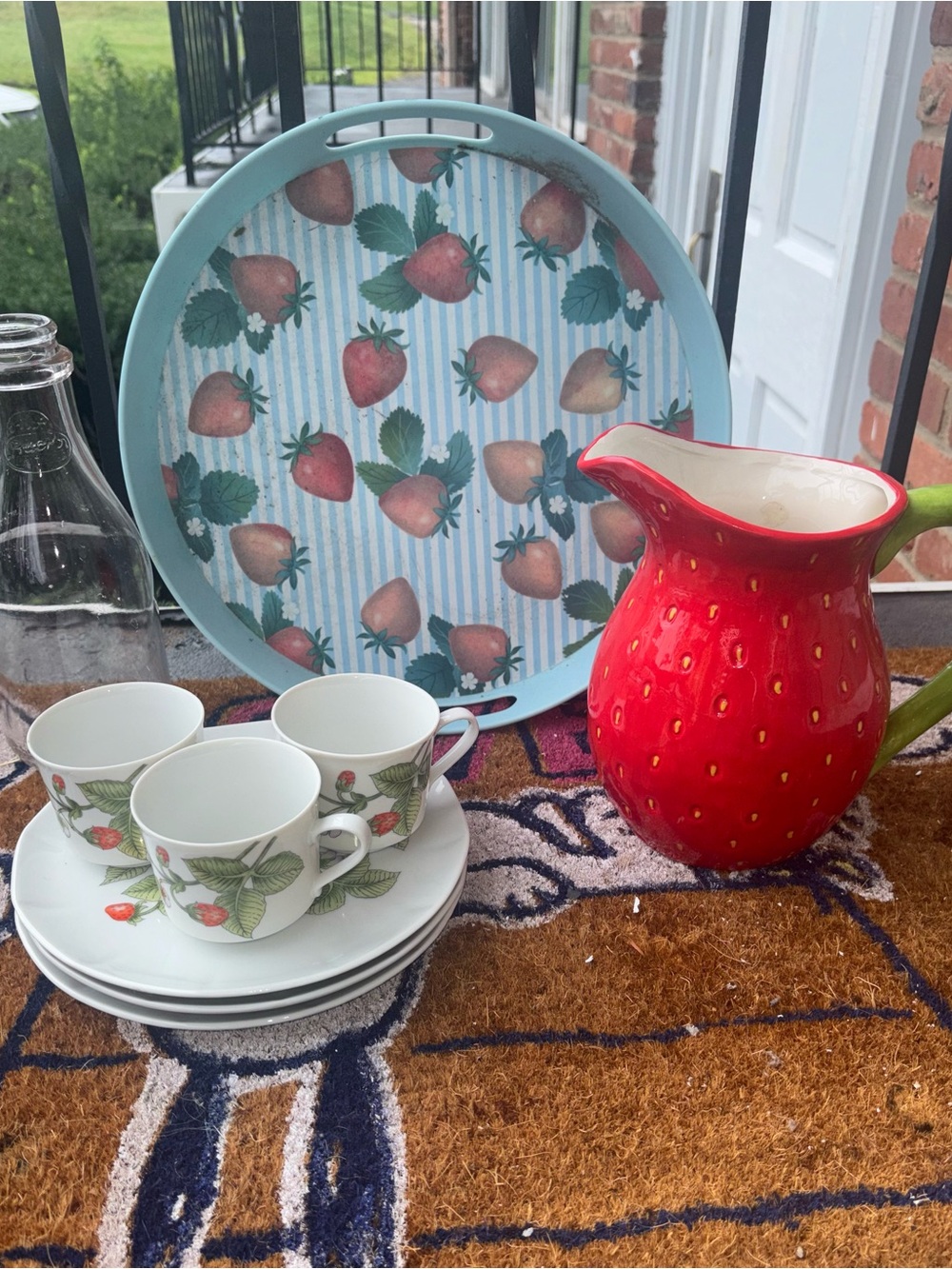 Strawberry Patch Fine Porcelain by Stafford 1980 Tea Set 3 Cups and snack plates